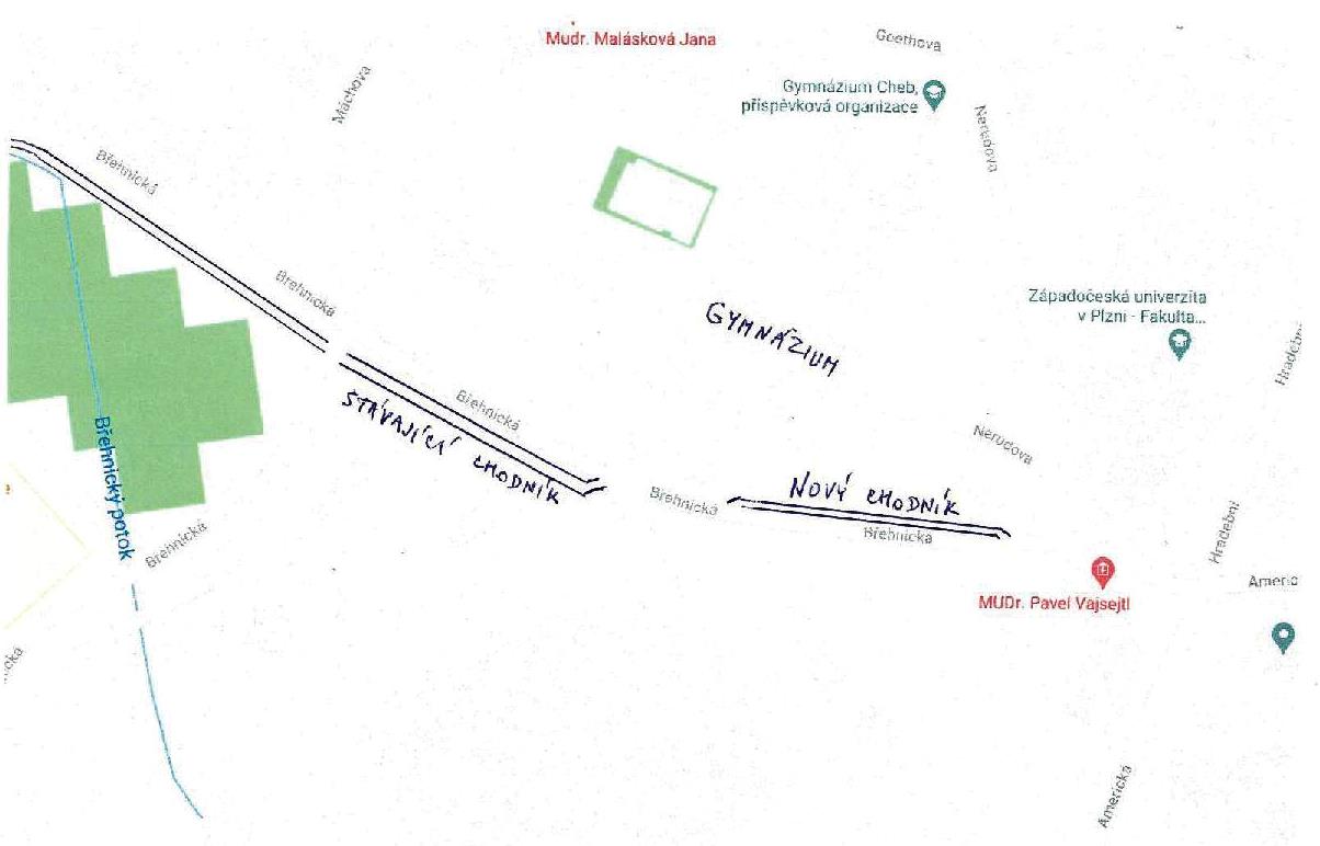 Mapa s vyznačením navrhovaného chodníku